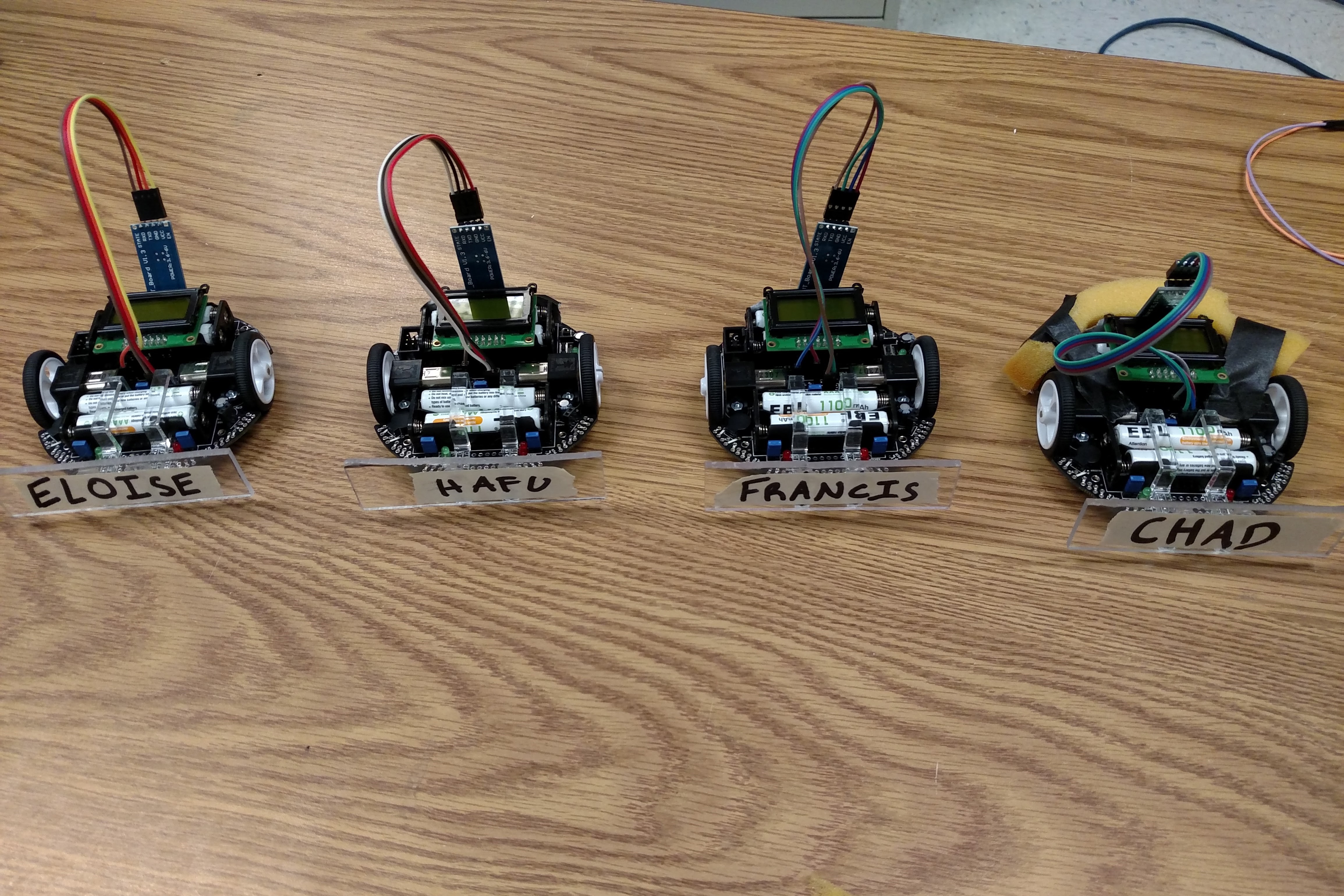 Four Pololu 3Pi Robots, modified with Bluetooth receivers.